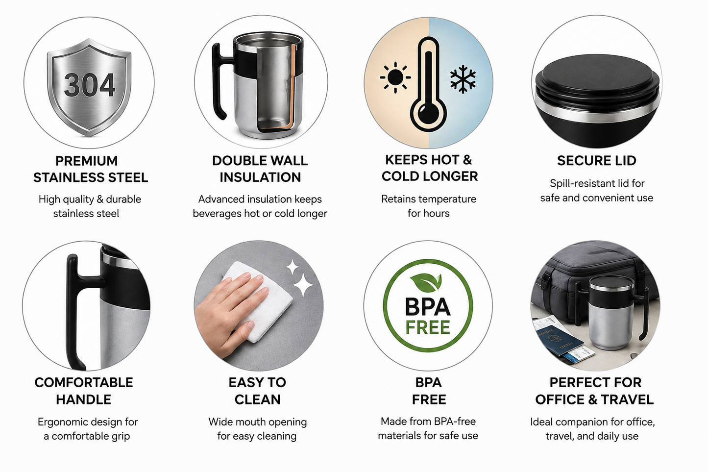 Premium Stainless Steel Insulated Coffee Mug with Handle & Lid