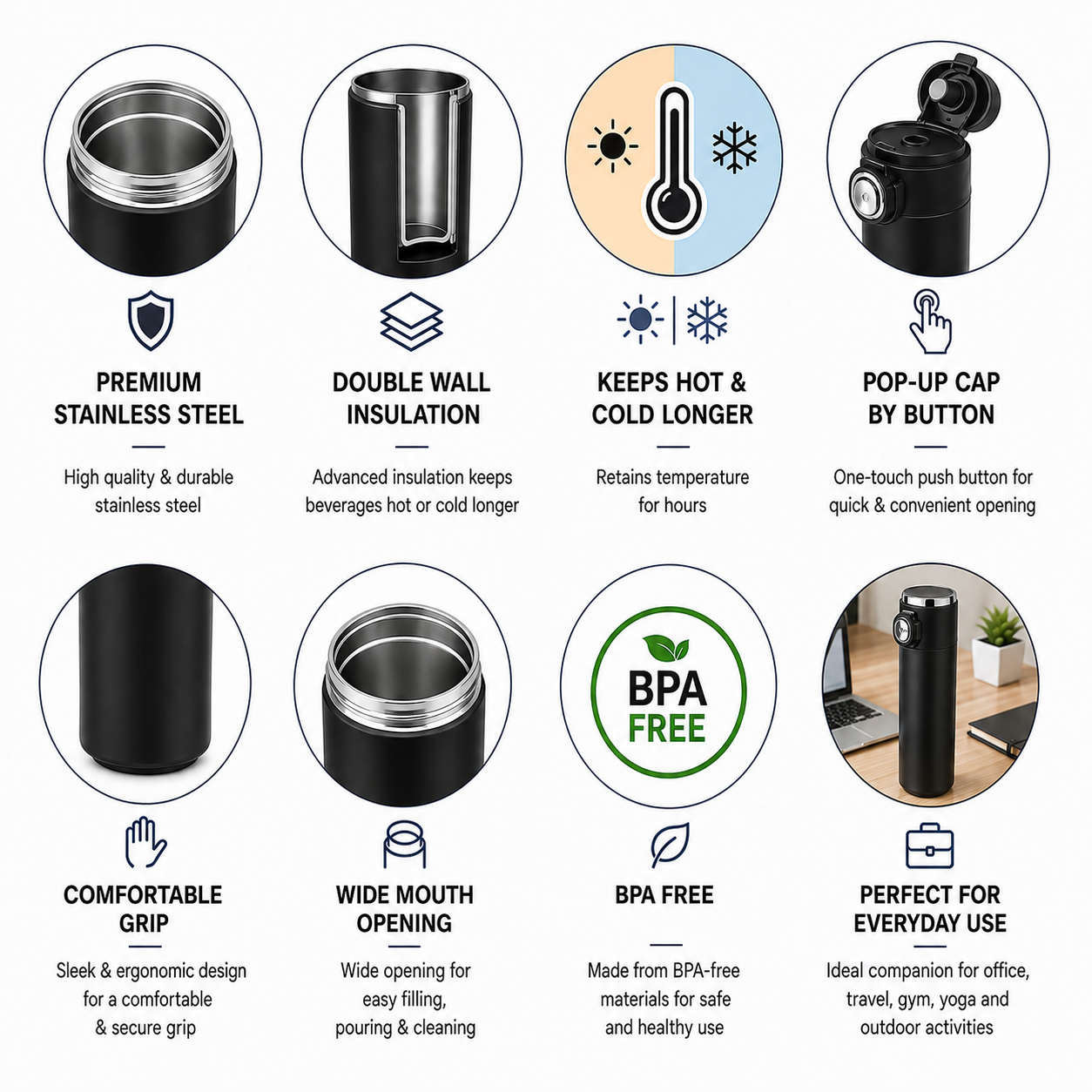 Premium Stainless Steel Insulated Water Bottle with Pop-Up Cap