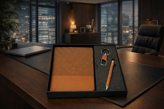 Premium Brown Executive Diary Gift Set with Designer Cover | Diary, Pen & Keyring