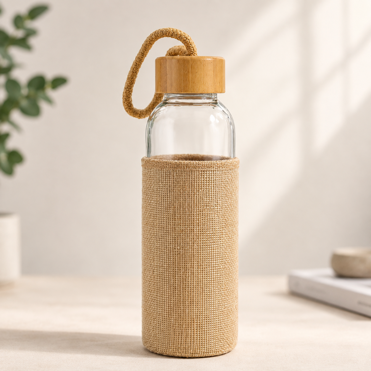 Glass Water Bottle with Bamboo Cap & Jute Sleeve