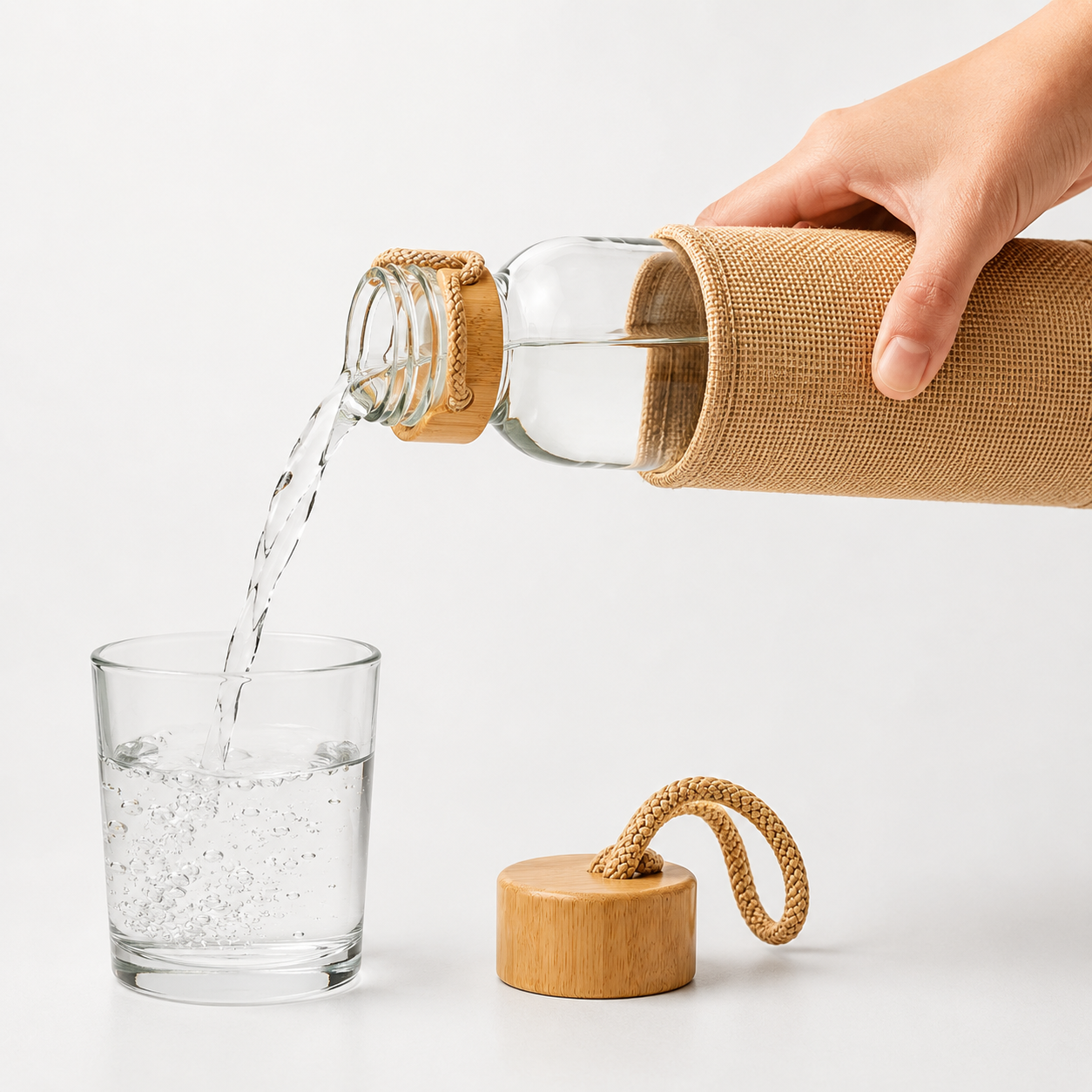 Glass Water Bottle with Bamboo Cap & Jute Sleeve