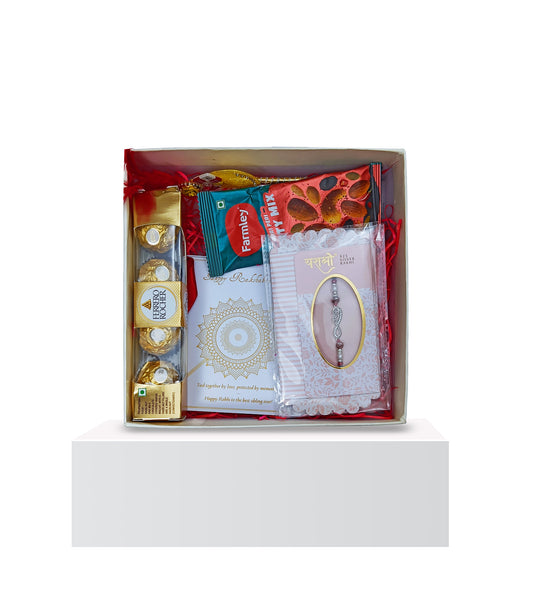 Silver Rakhi Rakhi Gift Hamper I Chocolates I Nuts I Brass Small Pooja Thali and bowls